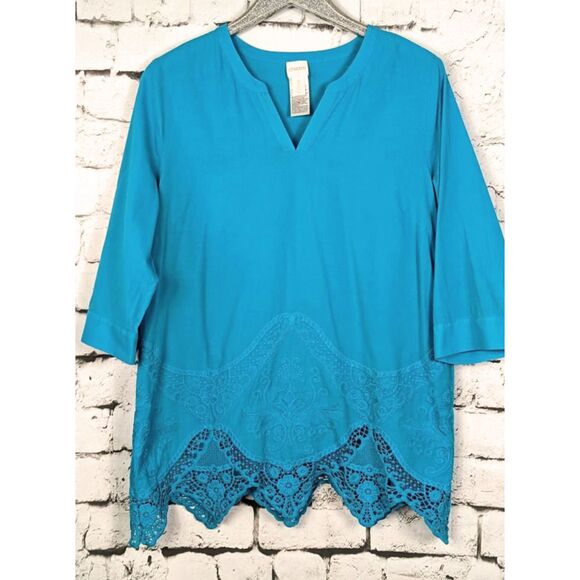 CHICO'S Boho Cottage Peasant Embroidered Lace Trim Tunic Size 2 (L/12) - Picture 2 of 8